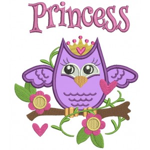 Princess Owl Sitting on the Branch Applique Machine Embroidery Design Digitized Pattern